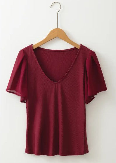 Mesh Ruffled Sleeve Slim Fit V Neck Top - Red - MOVING SALE DISCOUNT 40%