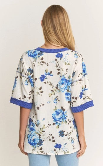 💙 Ivory + Blue Floral Urban Rib Knit Top