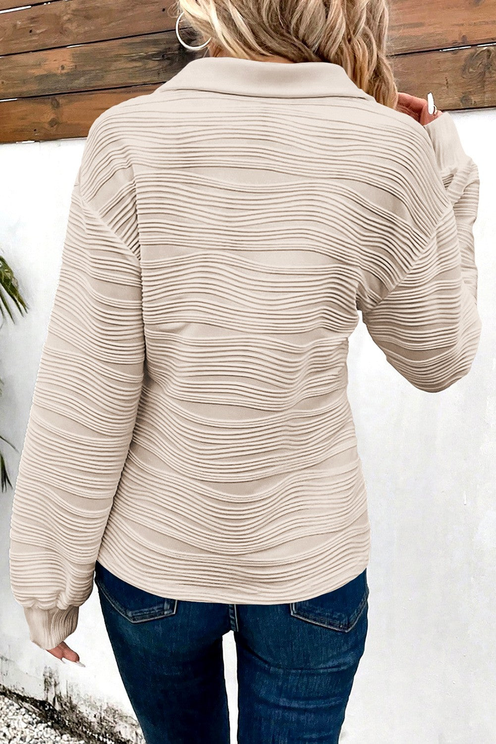 Solid Color Zipper V Neck Pullover Sweatshirt