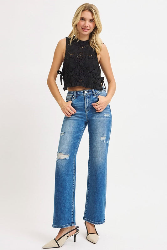 🔥 RISEN JEANS — HIGH RISE ANKLE STRAIGHT WITH FRONT BODY DISTRESS - Medium Wash