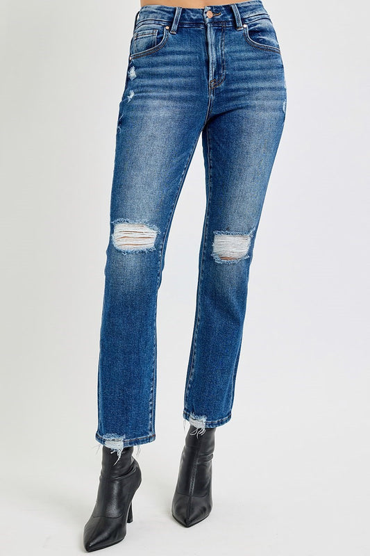RISEN JEANS - HIGH RISE CROP STRAIGHT JEANS - DARK