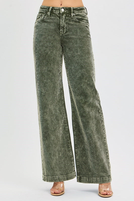 RISEN JEANS - HIGH RISE WIDE LEG CORDUROY PANTS - FOREST
