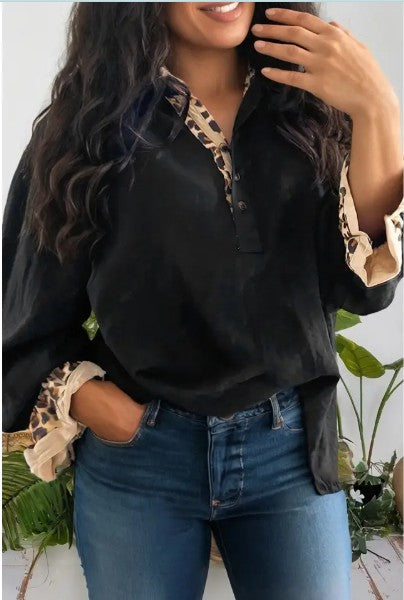 Leopard Contrast Patchwork Ruffled Long Sleeve Blouse 3/28/26 NOW 30% Off