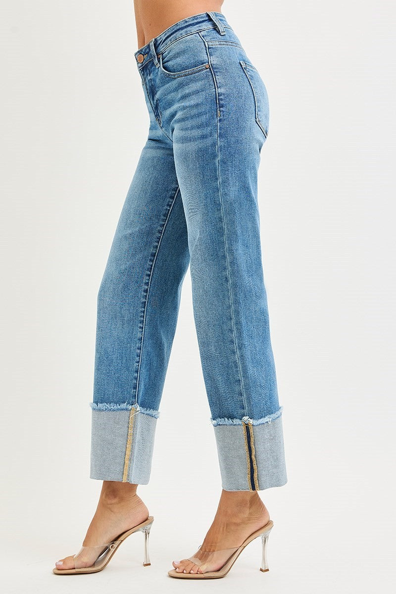 π₯ RISEN JEANS β MID RISE CROP WIDE CUFFED JEANS Medium Wash