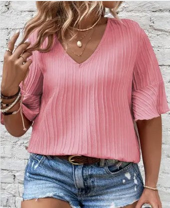 Peach Blossom Ruffled Half Sleeve V Neck Textured Plus Top