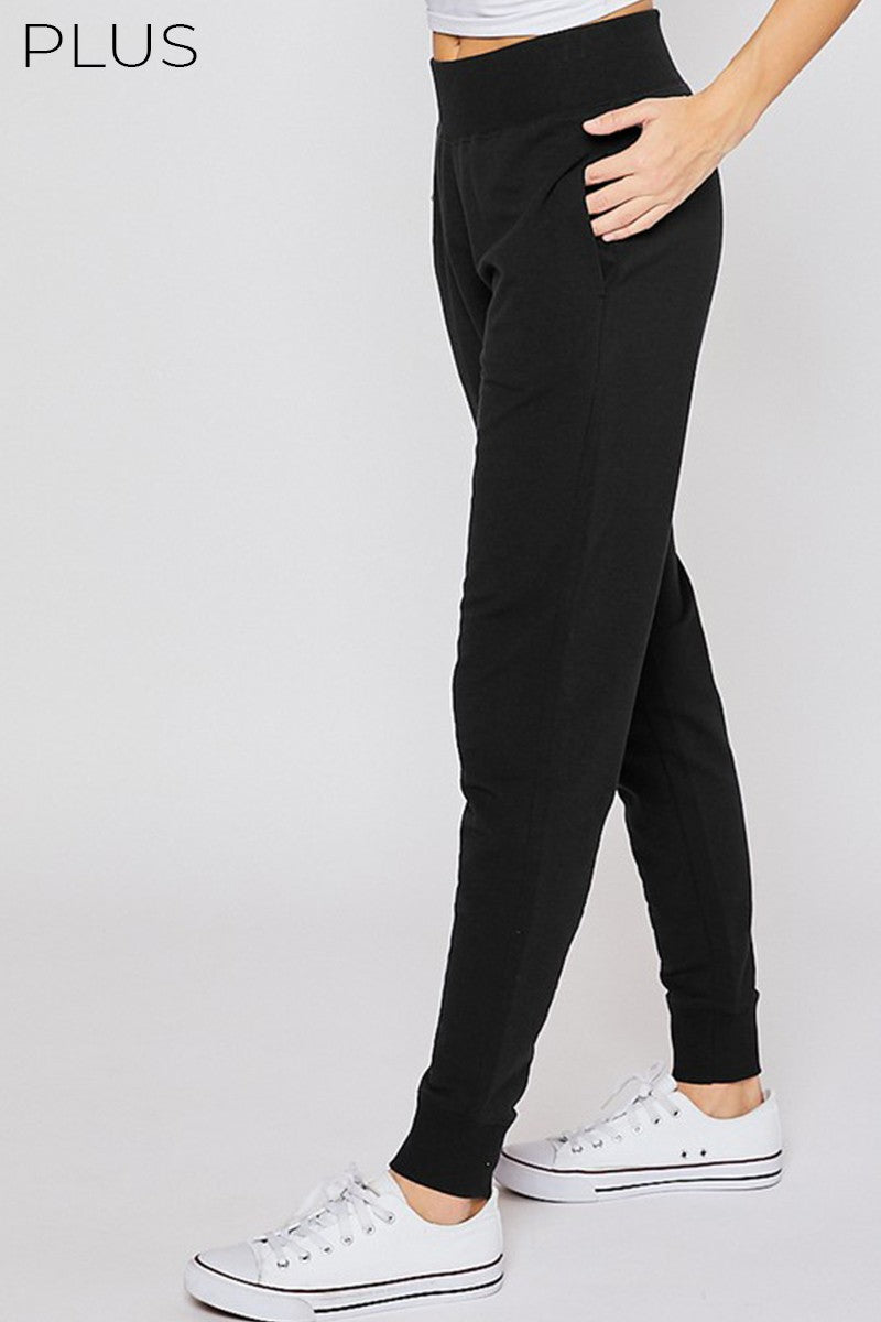 Plus Fleece Basic Wide Elastic Waistband Jogger - Black