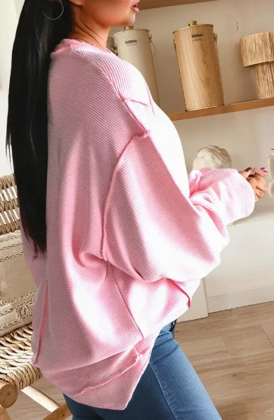 Horizontal Ribbed Exposed Seam Detail Long Sleeve Top - Pink