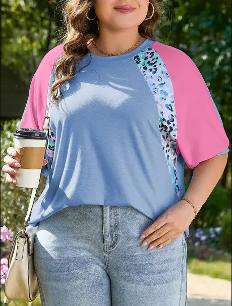 Sky Blue Leopard Print Patch Colorblock Plus Size T Shirt