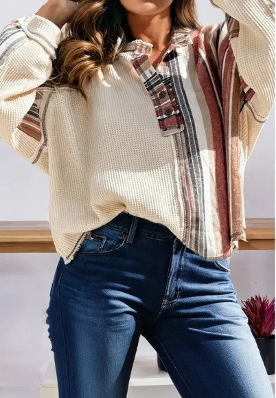 Spring Striped Waffle Patchwork Exposed Seam Raw Edge Top - Beige