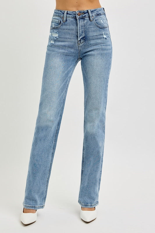 RISEN JEANS - TUMMY CONTROL HIGH RISE STRAIGHT DISTRESSED JEANS - MEDIUM COLOR