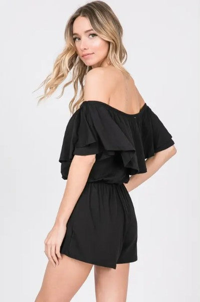 Ruffled Off‑Shoulder Black Romper (with Pockets!) - MOVING SALE DISCOUNT 20%