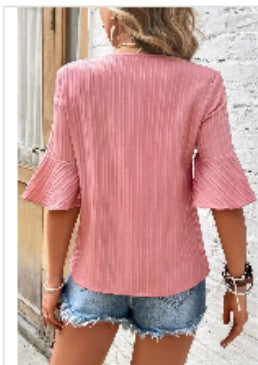 Peach Blossom Ruffled Half Sleeve V Neck Textured Plus Top