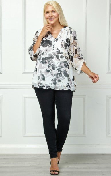 Plus Size Rushed Tab Sleeve Henley Blouse
