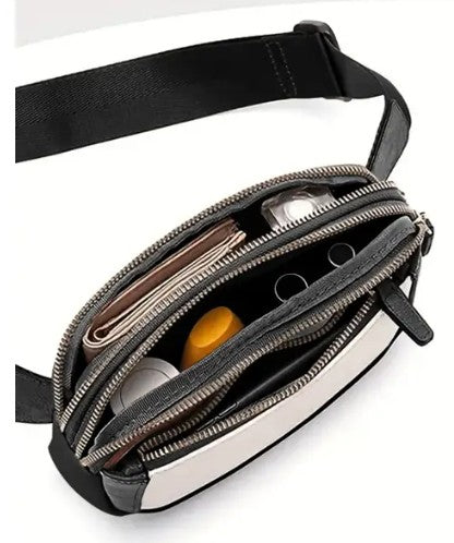 White Leather Colorblock Zipped Removable Clip Crossbody Bag