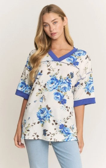 💙 Ivory + Blue Floral Urban Rib Knit Top
