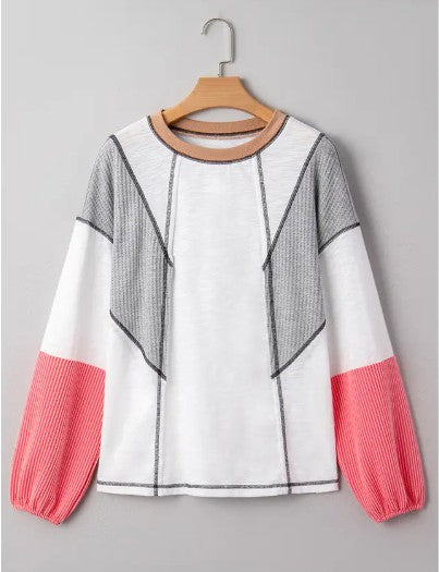 Contrast Block Mixed Textured Knit Patchwork Top