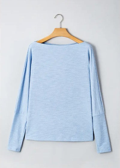 Solid Color Batwing Round Neck Long Sleeve Top - Blue