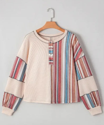 Spring Striped Waffle Patchwork Exposed Seam Raw Edge Top - Beige