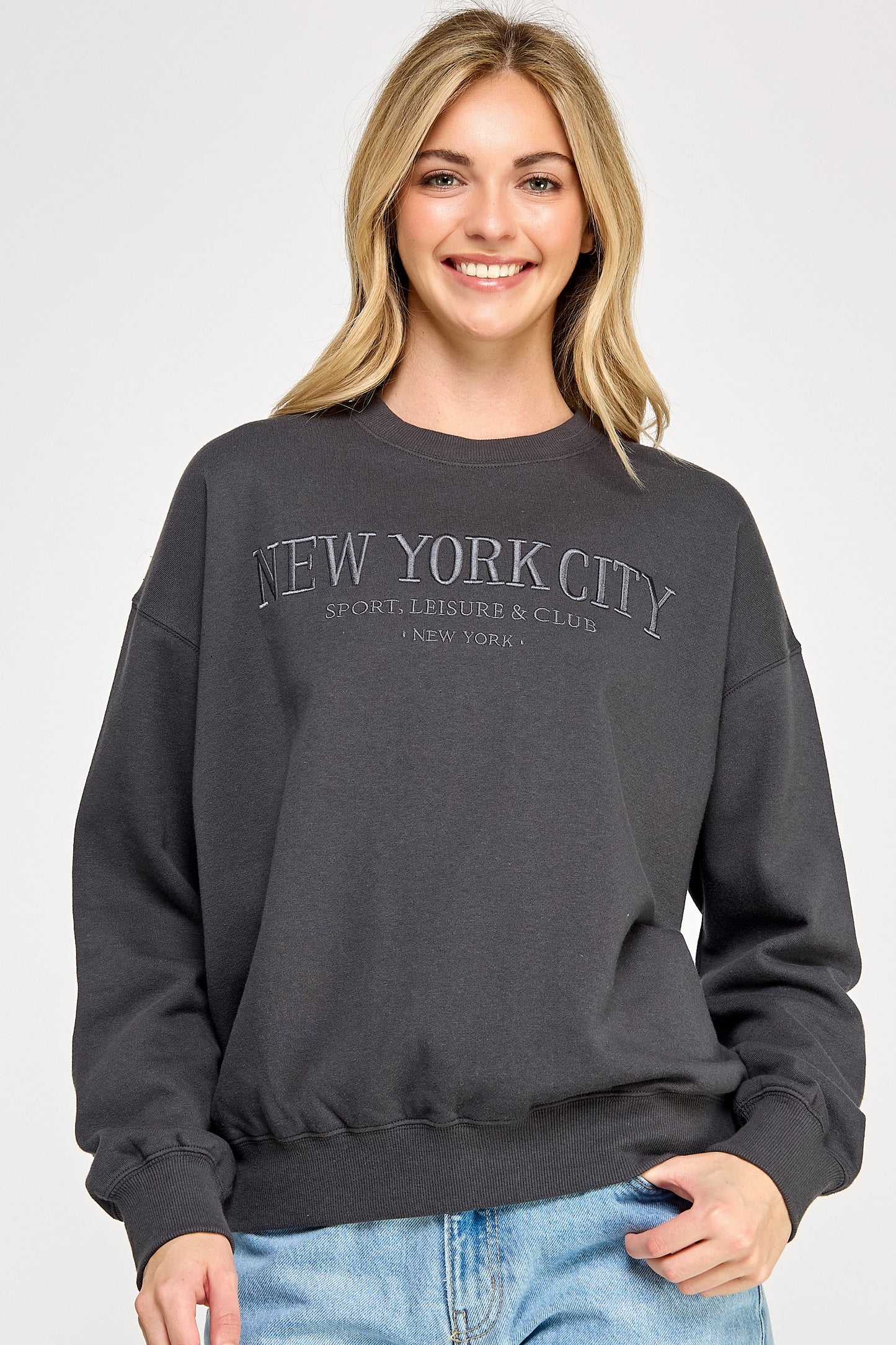 Basic Fleece Relaxed Fit Sweatshirt With NYC Emb - Iron Grey