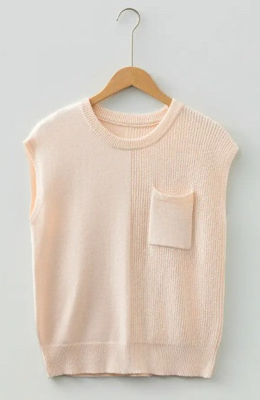 Mixed Knits Patch Pocket Short Sleeve Sweater - Beige