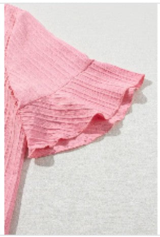 Peach Blossom Ruffled Half Sleeve V Neck Textured Plus Top