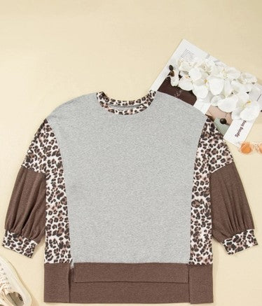 Plus Size Leopard Patchwork Dolman Sleeve Sweatshirt - Gray