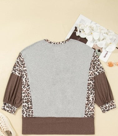 Plus Size Leopard Patchwork Dolman Sleeve Sweatshirt - Gray