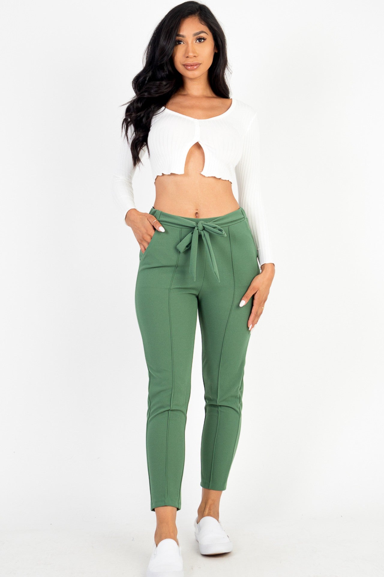 Thin Knit Tie Front Pants – Black & Fern