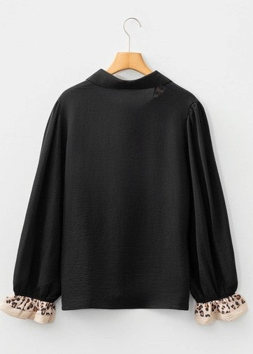 Leopard Contrast Patchwork Ruffled Long Sleeve Blouse 3/28/26 NOW 30% Off