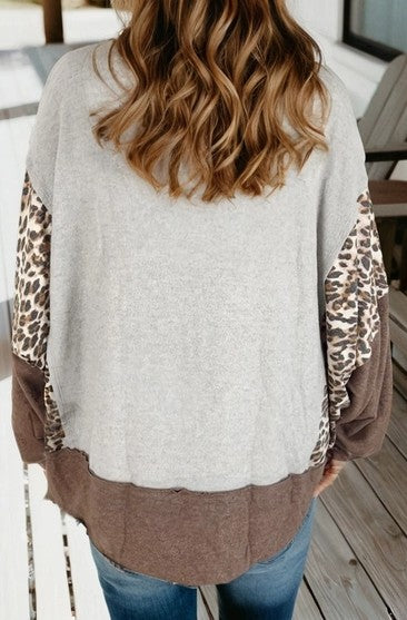 Plus Size Leopard Patchwork Dolman Sleeve Sweatshirt - Gray