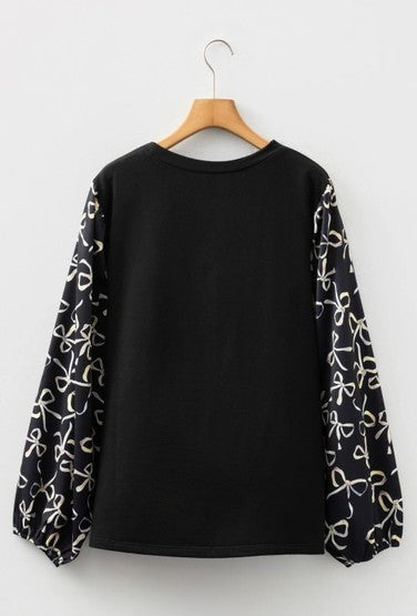 Bow Knot Patchwork Crewneck Plus Size Blouse