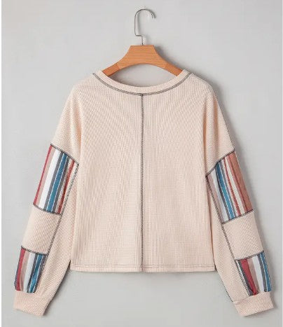 Spring Striped Waffle Patchwork Exposed Seam Raw Edge Top - Beige