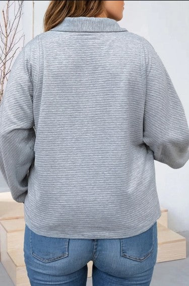 Plus Size Quarter Zipper Collared Ribbed Knit Top