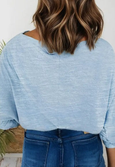 Solid Color Batwing Round Neck Long Sleeve Top - Blue