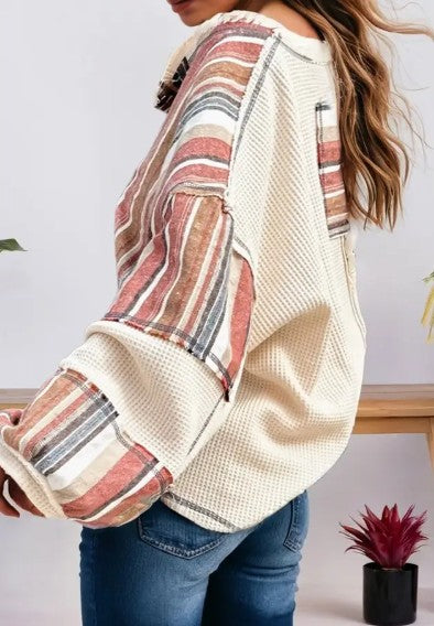 Spring Striped Waffle Patchwork Exposed Seam Raw Edge Top - Beige