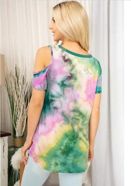 🌈 Tie Dye Print Cold Shoulder Top