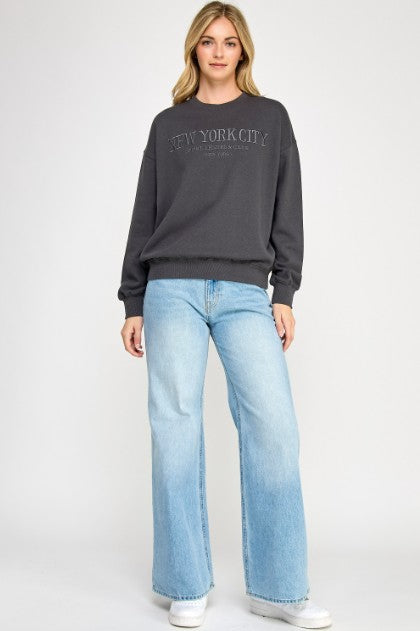Basic Fleece Relaxed Fit Sweatshirt With NYC Emb - Iron Grey