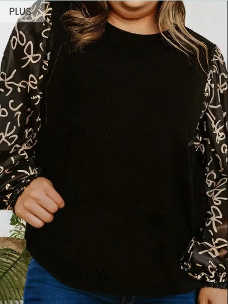 Bow Knot Patchwork Crewneck Plus Size Blouse