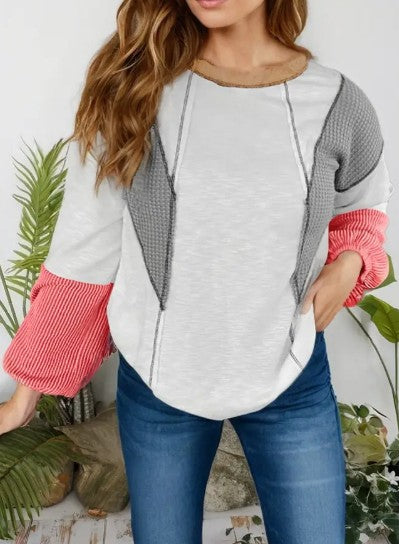 Contrast Block Mixed Textured Knit Patchwork Top
