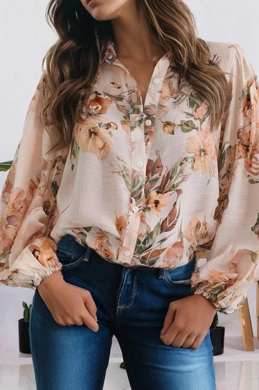 🧡 Floral Puff Sleeve Lightweight Shirt – Orange 🧡 3/28/26 NOW 30% Off