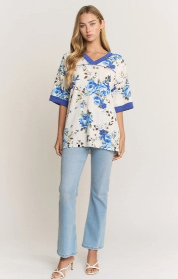 💙 Ivory + Blue Floral Urban Rib Knit Top