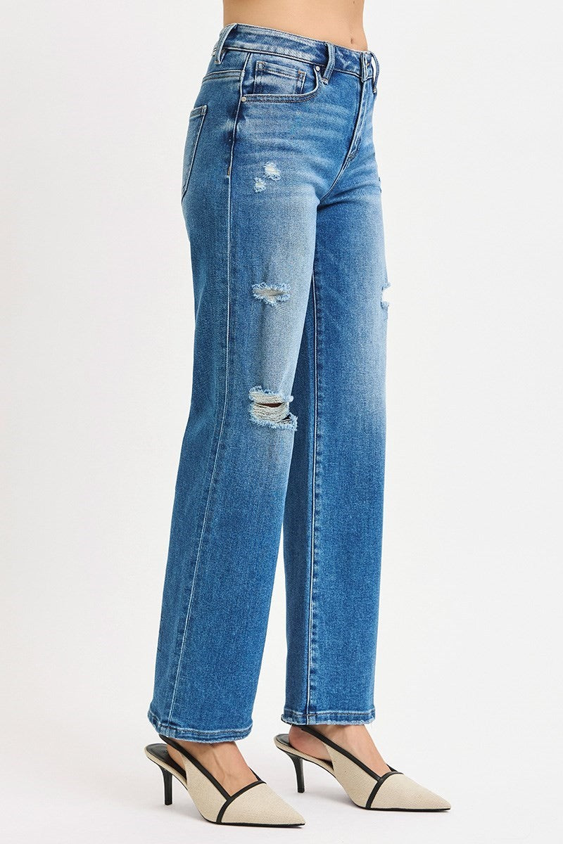 RISEN JEANS - RISE ANKLE STRAIGHT WITH FRONT BODY DISTRESSED JEANS - MEDIUM