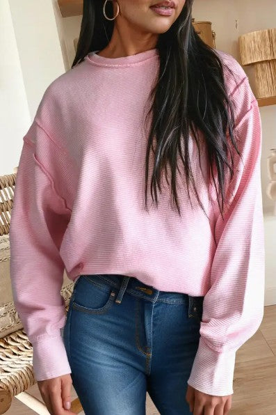 Horizontal Ribbed Exposed Seam Detail Long Sleeve Top - Pink