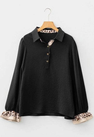 Leopard Contrast Patchwork Ruffled Long Sleeve Blouse 3/28/26 NOW 30% Off