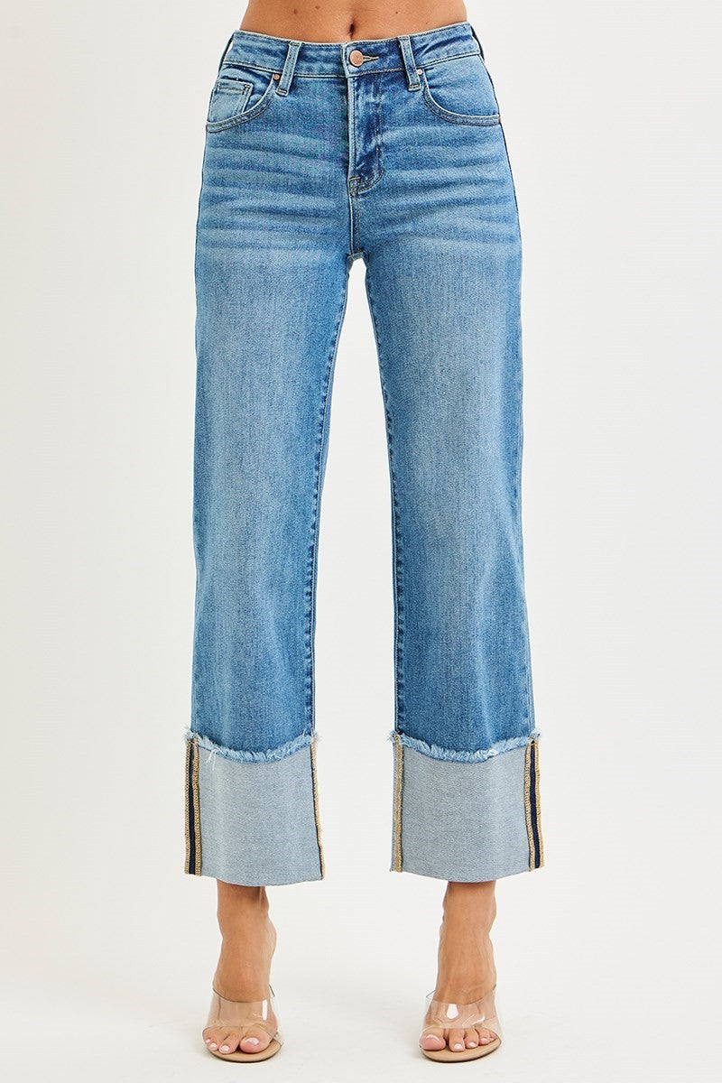 MID RISE CROP WIDE CUFFED JEANS