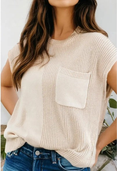 Mixed Knits Patch Pocket Short Sleeve Sweater - Beige