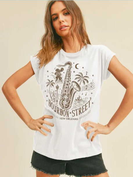 New Orleans Bourbon St. Graphic Rolled Up Sleeve T-Shirt