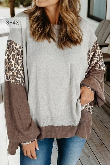 Plus Size Leopard Patchwork Dolman Sleeve Sweatshirt - Gray
