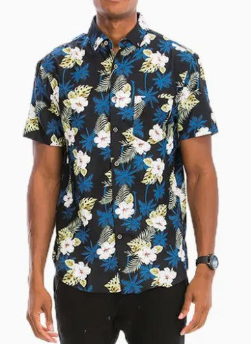 Polyester Hawaiian Print Button Down Short Sleeve
