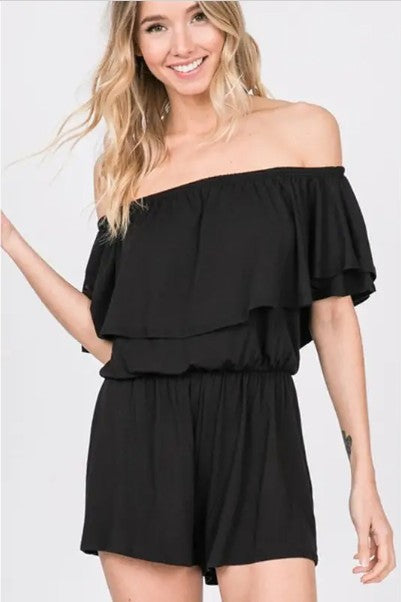 🖤 Ruffled Off‑Shoulder Black Romper (with Pockets!)